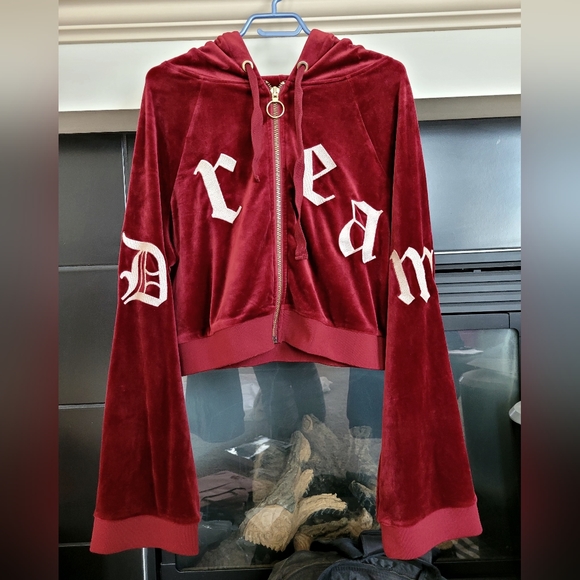 Fashion Nova Cranberry Velour cropped Zip Up DREAM Hoodie,Bell Sleeves, Size XL - Picture 1 of 11